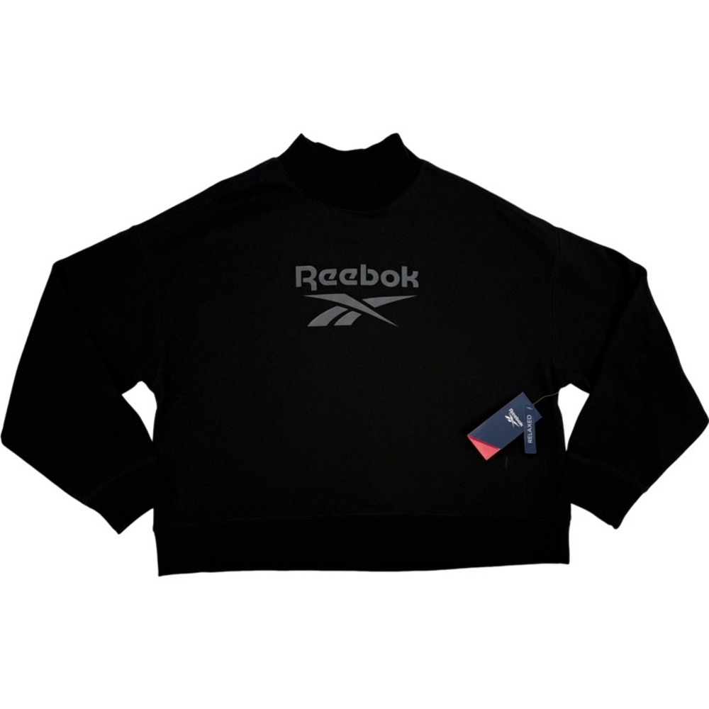 REEBOK XL Mockneck Crew Sweatshirt Black Relaxed Vector Logo Athleisure‎ NWT